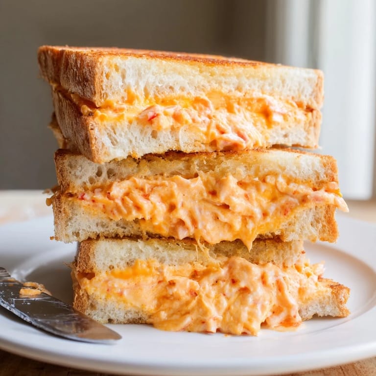Savory pimento cheese-stuffed grilled cheese, beautifully crisp exterior with a rich filling inside.