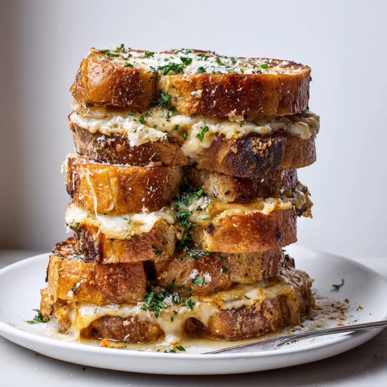 Savory Cheesy Garlic French Toast Stacks topped with fresh parsley and Parmesan cheese.  