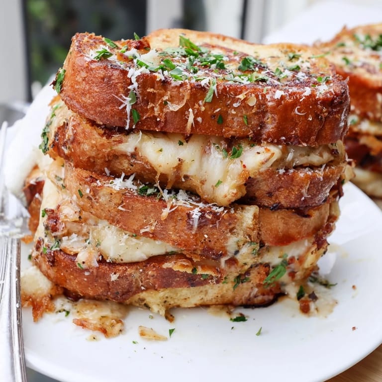 Delicious Cheesy Garlic French Toast Stacks golden brown, bursting with flavor in every bite.