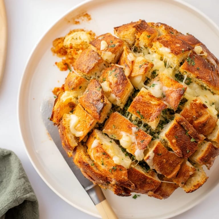 Freshly baked Garlic Herb Cheesy Pull Apart Loaf, gooey cheese oozing from crusty bread.  
