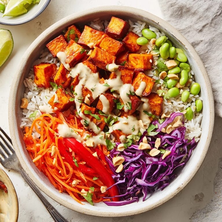 Savory roasted sweet potatoes in a Thai Peanut Roasted Sweet Potato Bowl, topped with herbs.