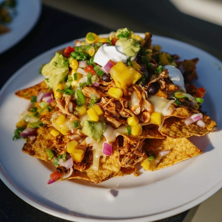 Delicious Mango Salsa BBQ Chicken Nachos drizzled with creamy sour cream and garnished.
