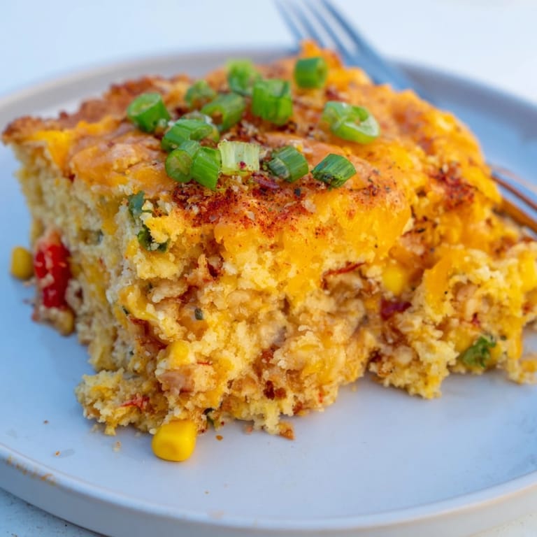 Golden Cheesy Cajun Cornbread Casserole served warm, bursting with zesty flavors and spices.  