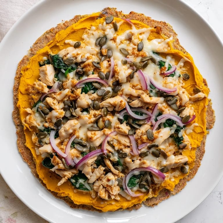 Wholesome Protein Pumpkin Ricotta Pizza topped with chicken, spinach, and crunchy pepitas.  