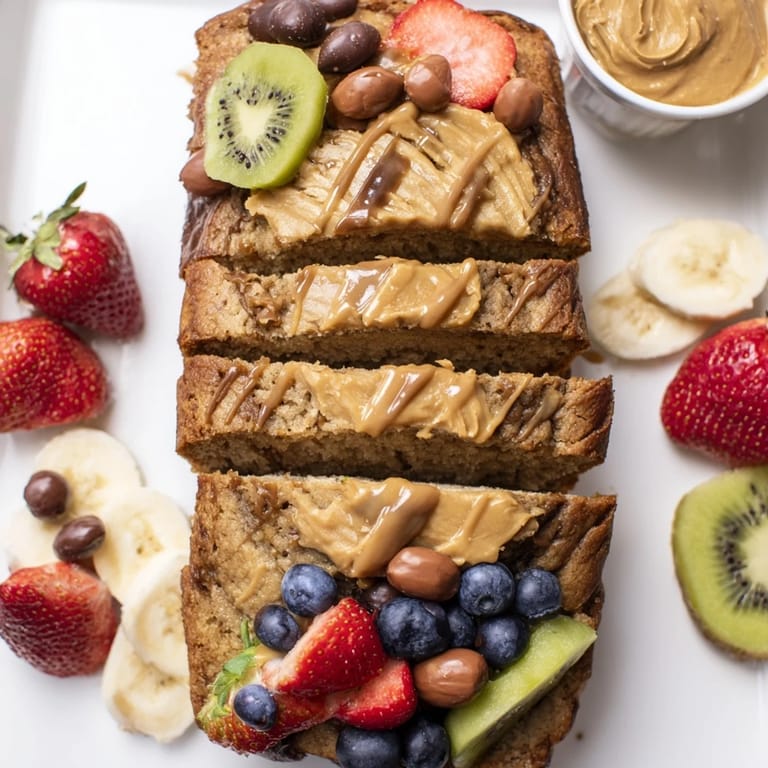 Moist caramel banana bread slices paired with vibrant fruits and delicious dips.