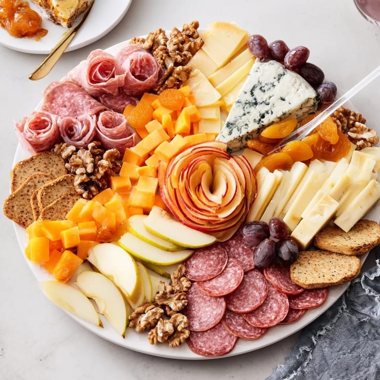Elegant charcuterie board artfully decorated with apple rosettes and savory meats.  