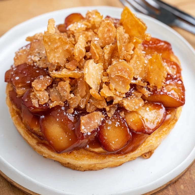 Golden upside-down tart featuring tender apples and buttery pastry, perfect for dessert lovers.  