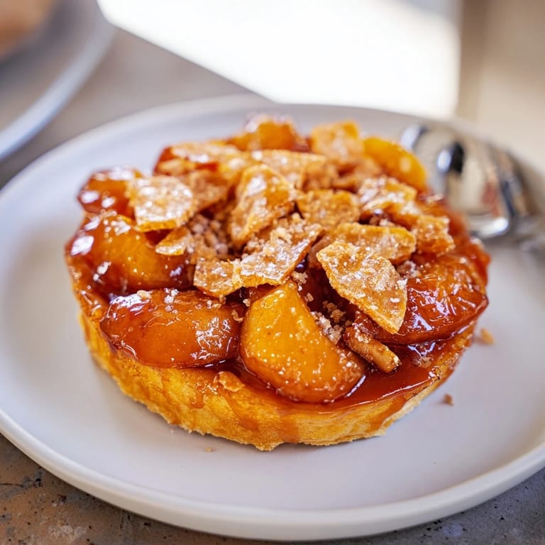 Warm caramel apple tarte Tatin topped with crunchy candy, served with vanilla ice cream.