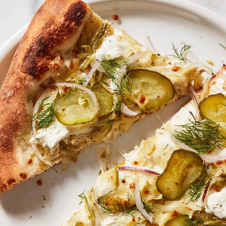 Mouthwatering Pickle Pizza drizzled with sauce, topped with melty cheese and herbs.