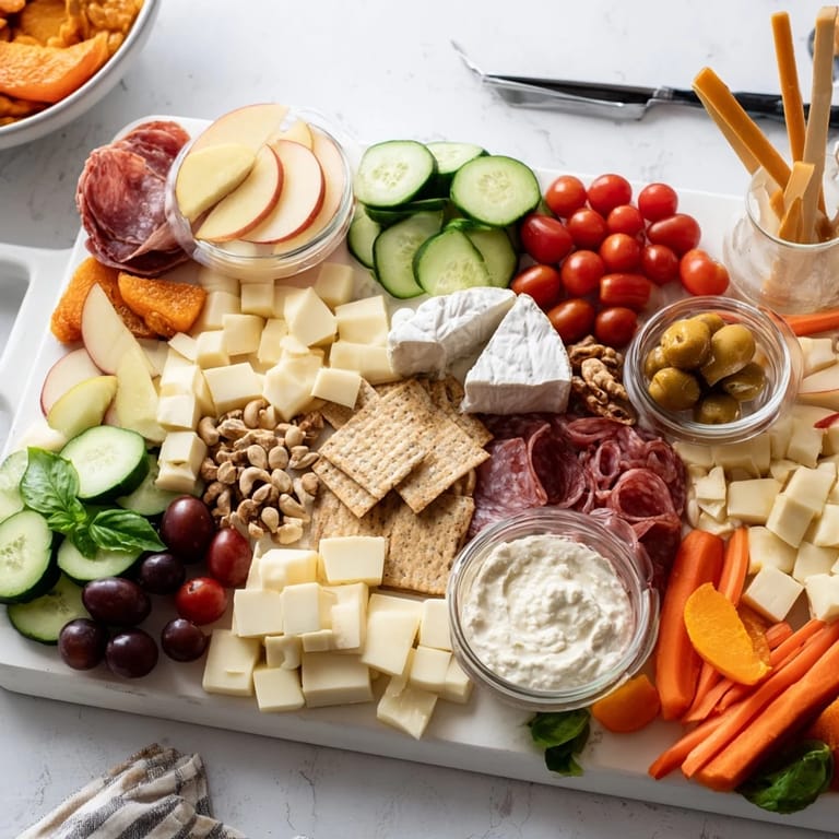 Delicious Girl Dinner Platter loaded with snacks, creamy dips, and fresh produce for entertaining.