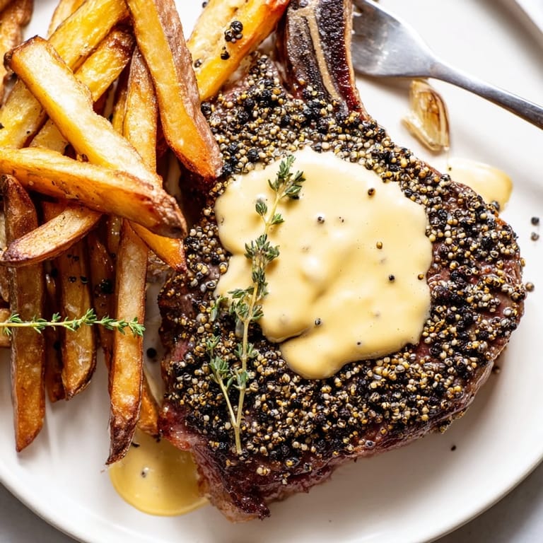 Perfectly seared Classic Peppercorn Ribeye served with golden, crunchy fries on the side.  