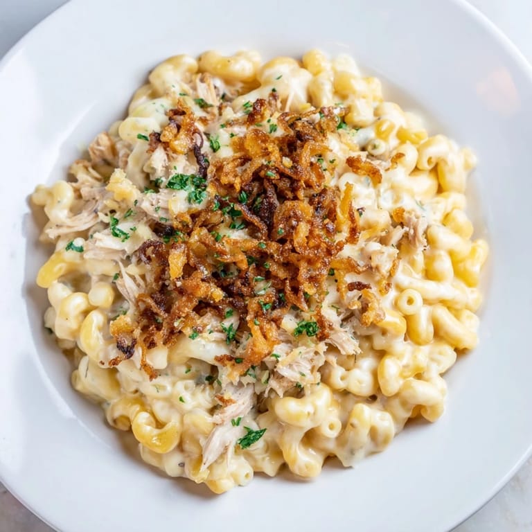 Savory One-Pot Honey BBQ Chicken Mac and Cheese topped with crispy onions and fresh parsley.  