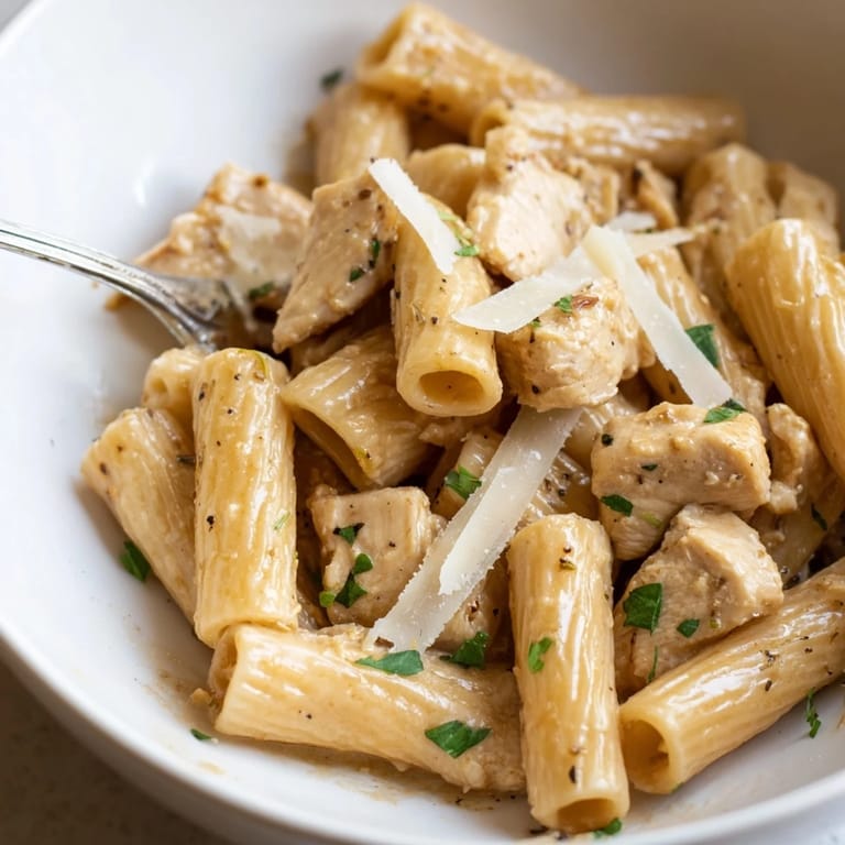 Rich Creamy Garlic Parmesan Chicken Rigatoni served warm, perfect for cozy weeknight meals.