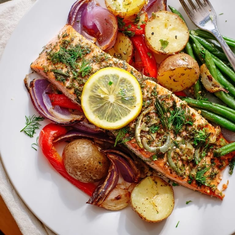 Crispy roasted potatoes complement flavorful Lemon Herb Salmon on a vibrant sheet pan.  