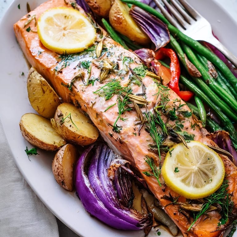 Lemon Herb Salmon & Potato Sheet Pan bursting with fresh herbs and citrus aroma.