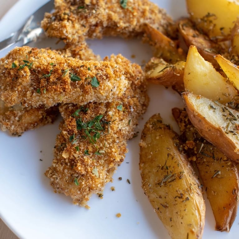 Tender chicken strips seasoned with herbs, served with golden-brown potato wedges.