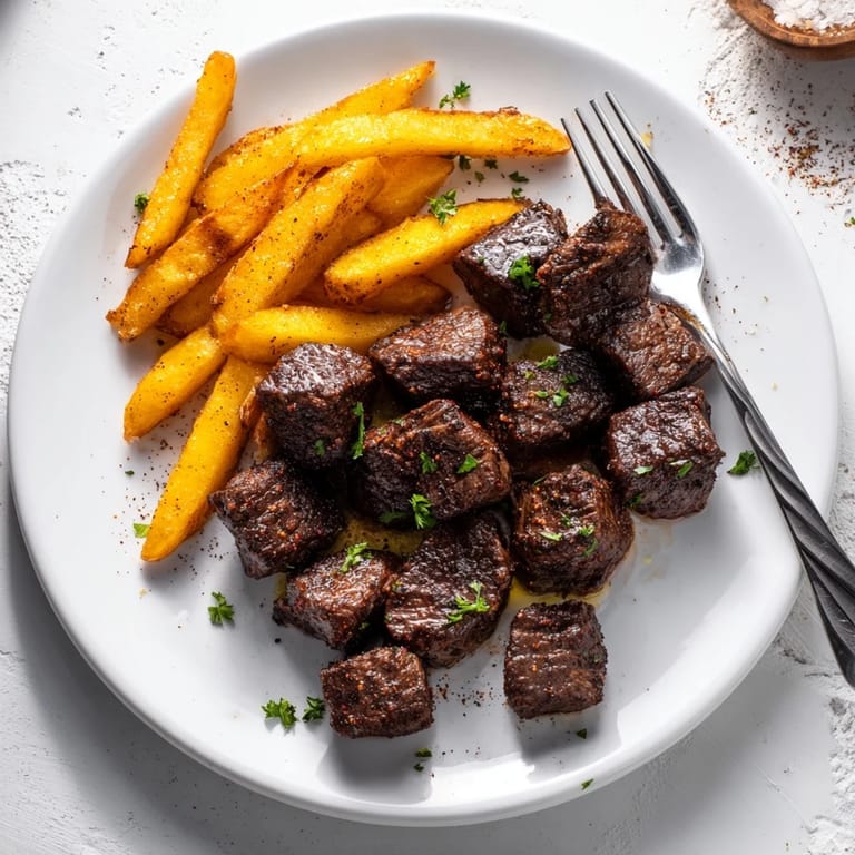 Mouthwatering blackened Cajun steak bites sizzled to perfection alongside crispy fry sticks.  