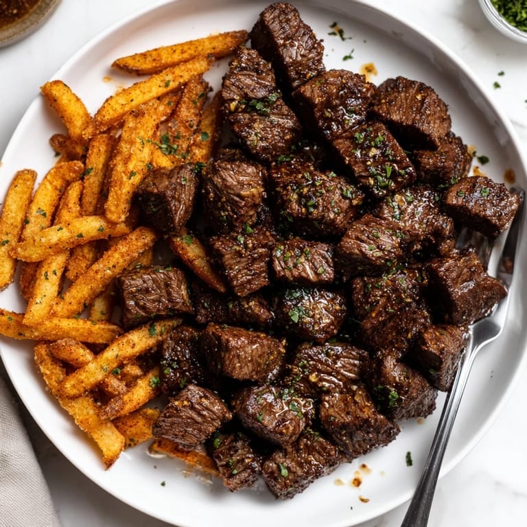 Flavorful Cajun steak bites garnished with parsley, paired with crisp, oven-baked fries.