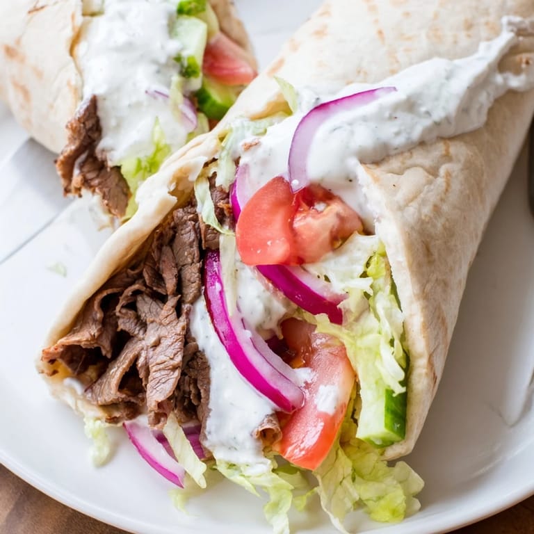 Delicious beef shawarma wraps filled with spiced meat, crisp lettuce, and tangy yogurt.