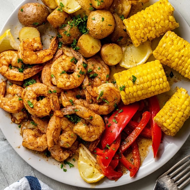 Close-up of spicy Cajun shrimp & sweet corn platter, perfect for summer gatherings.  
