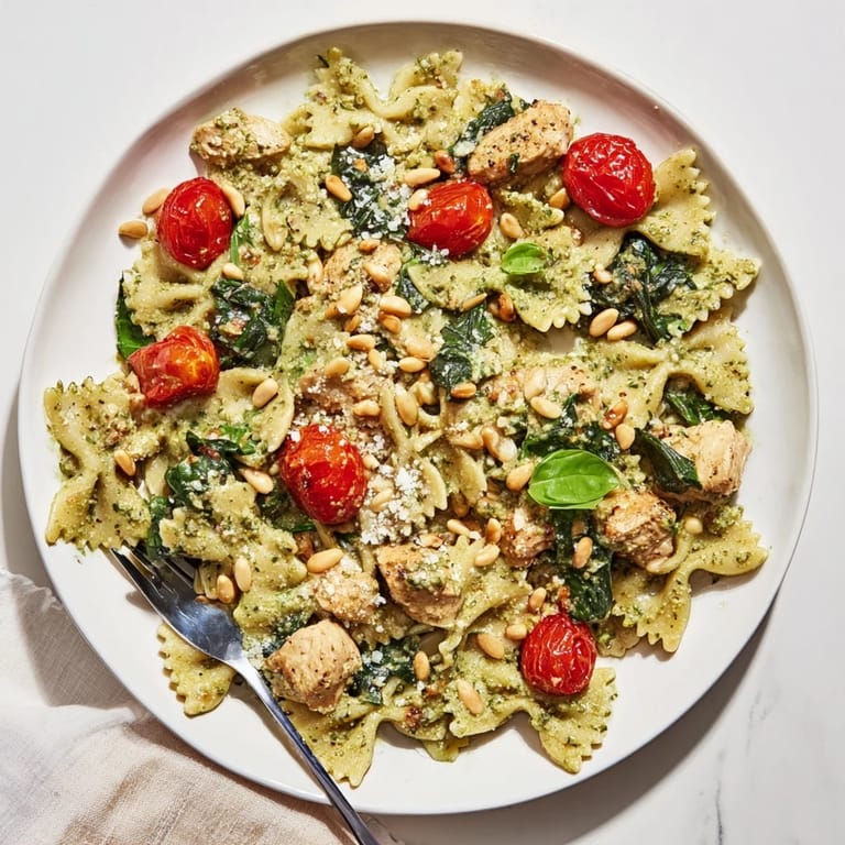 Creamy Pesto Chicken Bowtie Pasta garnished with cherry tomatoes and spinach for color.  
