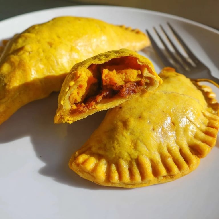 Flaky Spiced Pumpkin & Chorizo Empanadas, golden brown and bursting with flavor inside.
