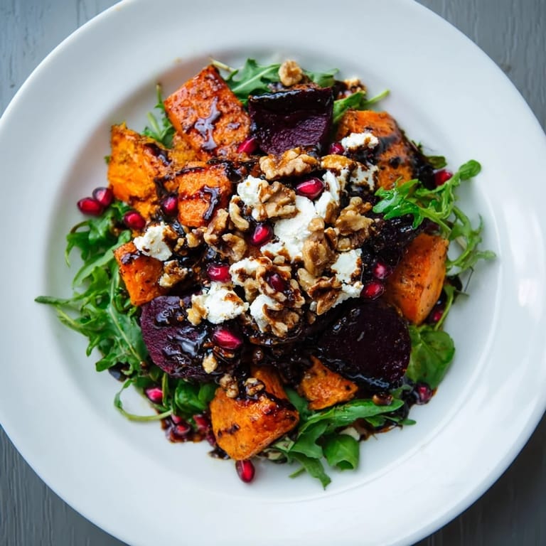 A close-up of the Seasonal Root Vegetable & Goat Cheese Salad with colorful roasted vegetables and creamy goat cheese.