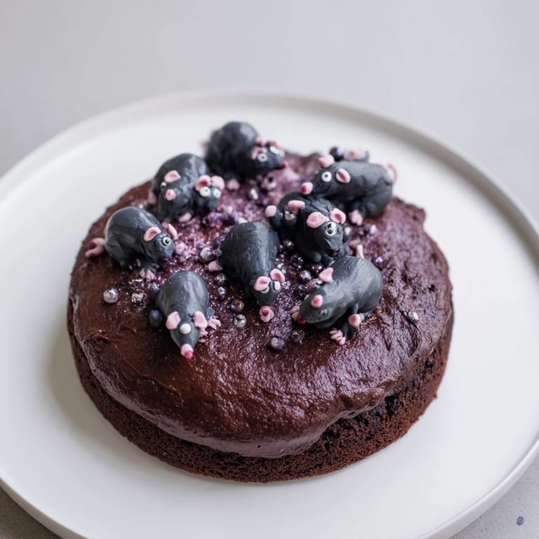 A slice of Rat Cake displaying a rich, dark chocolate base and adorned with whimsical marzipan rat decorations.