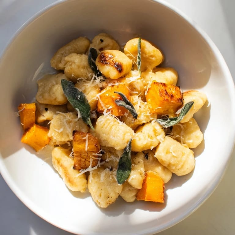 A close-up of steaming Rustic Butternut Squash & Sage Brown Butter Gnocchi sprinkled with Parmesan cheese.