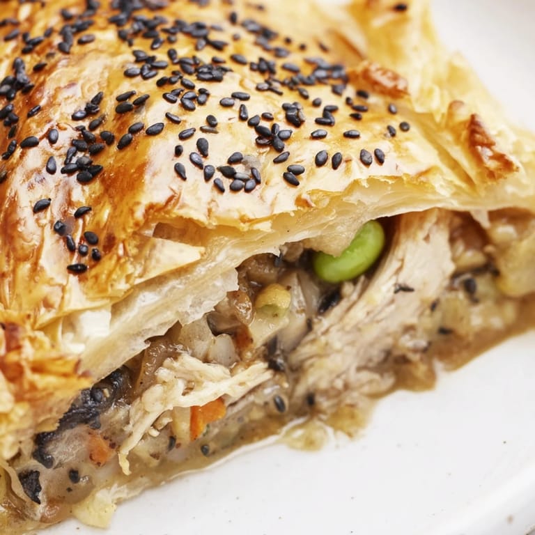 A close-up view displays a steaming bowl of Japanese-Inspired Chicken Pot Pie, ready to be enjoyed.