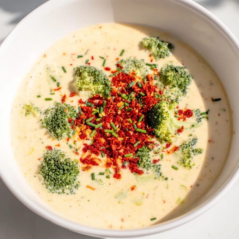 Hot, cheesy Broccoli Cheddar Soup with crispy chili crunch, ready for a comforting meal.