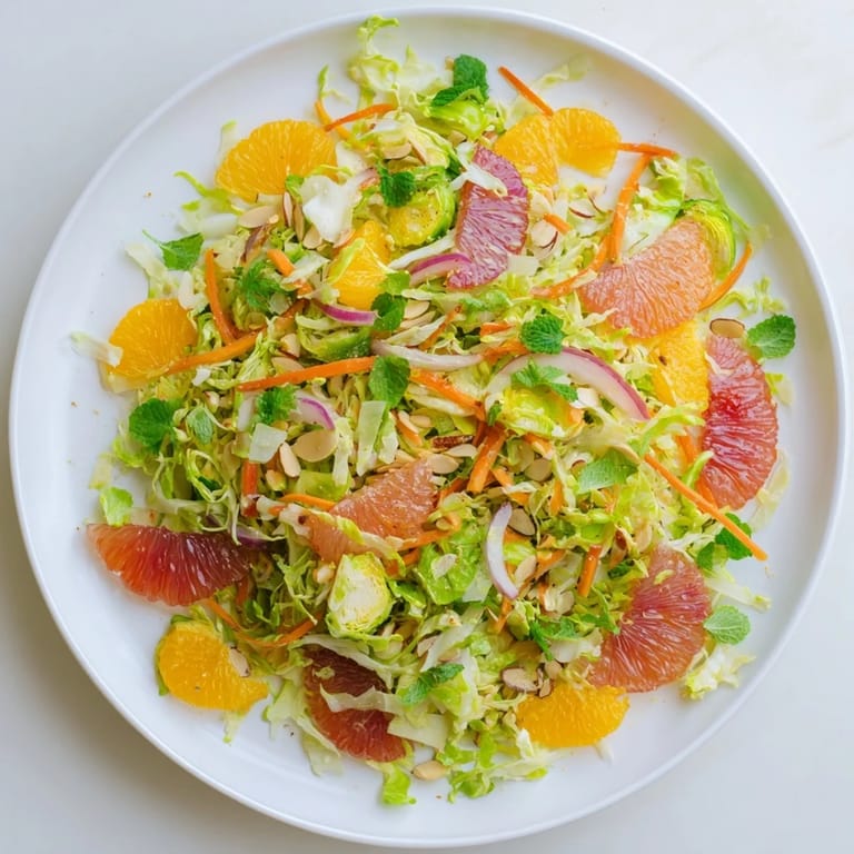 A refreshing bowl of Sparkling Citrus Brussels Sprouts Slaw, tossed with herbs and crunchy toasted almonds.