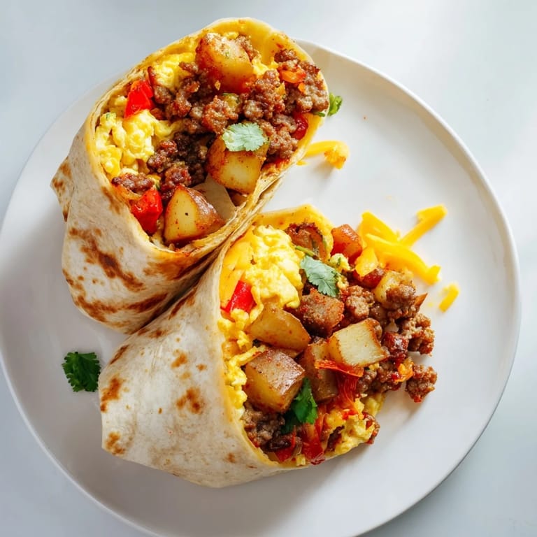 A close-up: flavorful Christmas Breakfast Burritos showcasing the vibrant kimchi, potatoes, and folded warm tortilla.