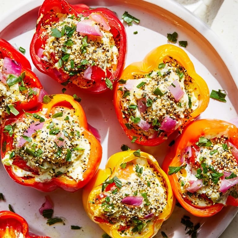 Savory cottage cheese stuffed bell peppers bursting with fresh vegetables and flavorful everything bagel spices.