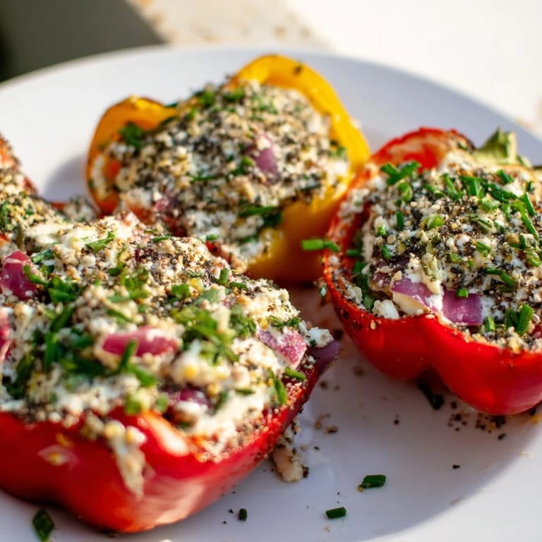 Delicious, colorful cottage cheese stuffed bell peppers, a vegetarian main dish ready for a healthy dinner.