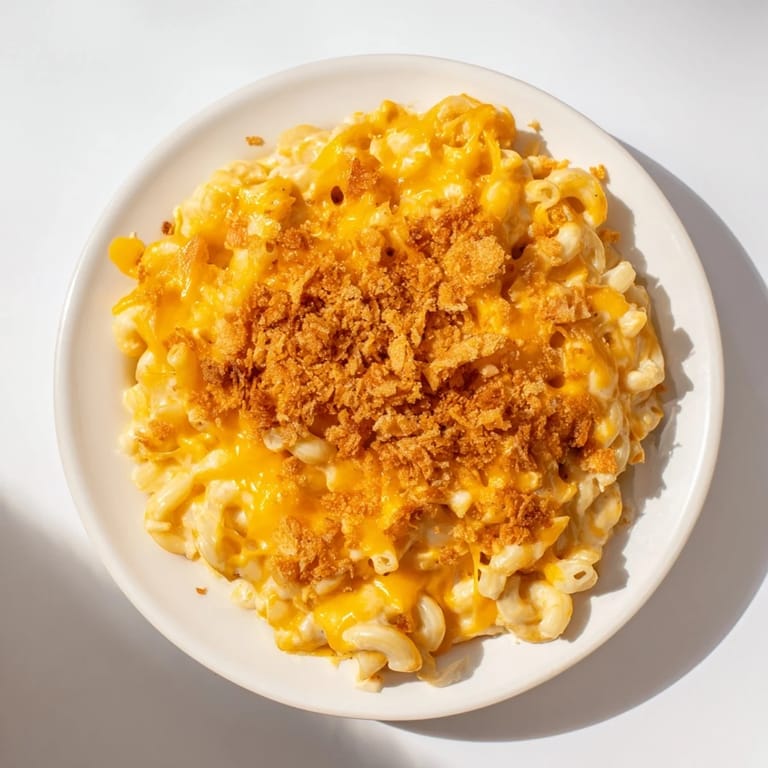 A close-up of a skillet filled with rich, velvety Mac & Cheese with Evaporated Milk, ready to eat.