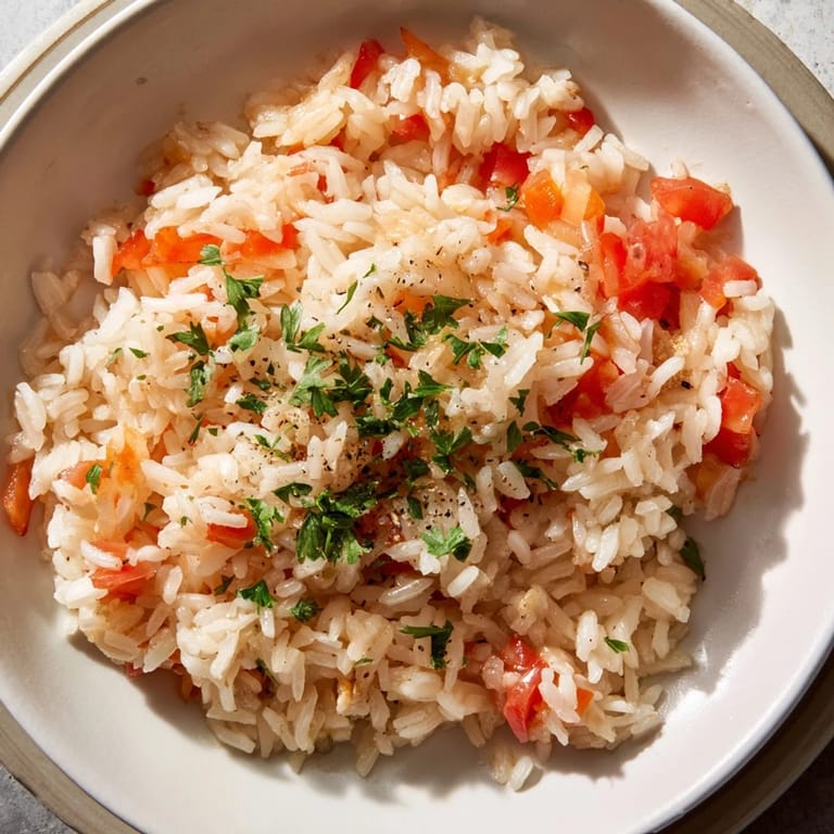 One-pan Tomato-Rice Skillet Dinner, a comforting vegetarian meal with fresh parsley garnish, ready to enjoy.