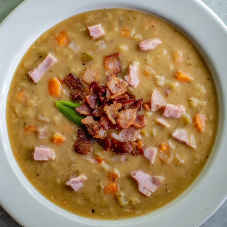 Hearty Split Pea Soup with bacon and ham: imagine the smoky aroma and rich, savory flavors.
