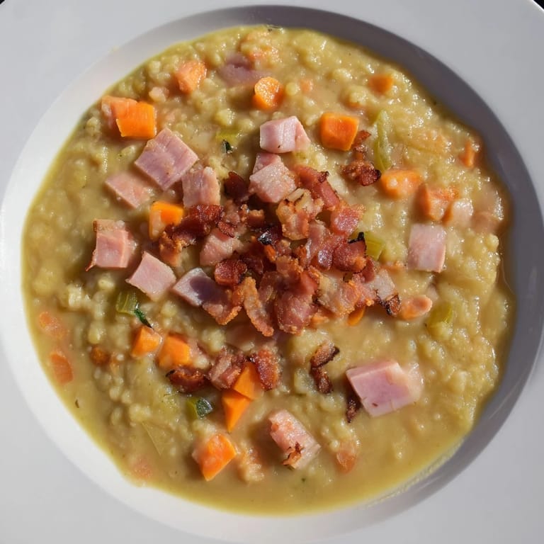 A comforting close-up of thick, homemade Split Pea Soup, perfect for a cold winter day.