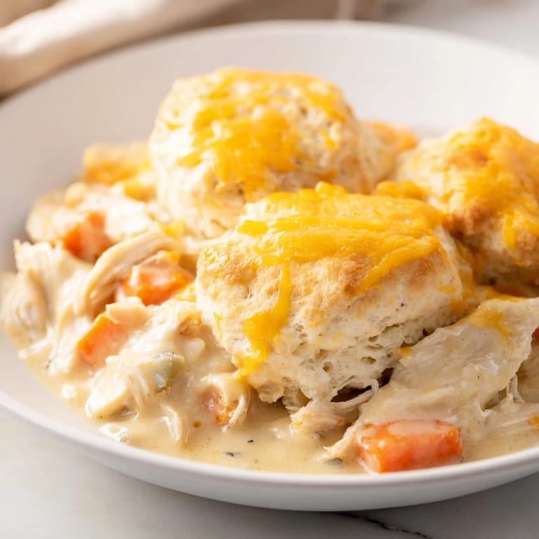 Hearty One-Pan Chicken Cobbler with a rich chicken and vegetable filling topped by golden cheddar biscuits.