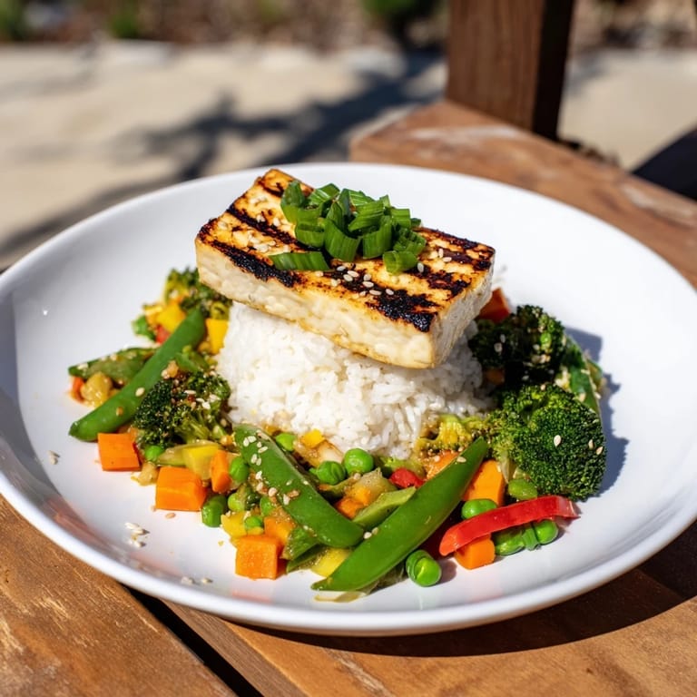 A vegan feast: Delicious Pressed Tofu Steaks, beautifully seared, served over vegetables and rice for a flavorful meal.