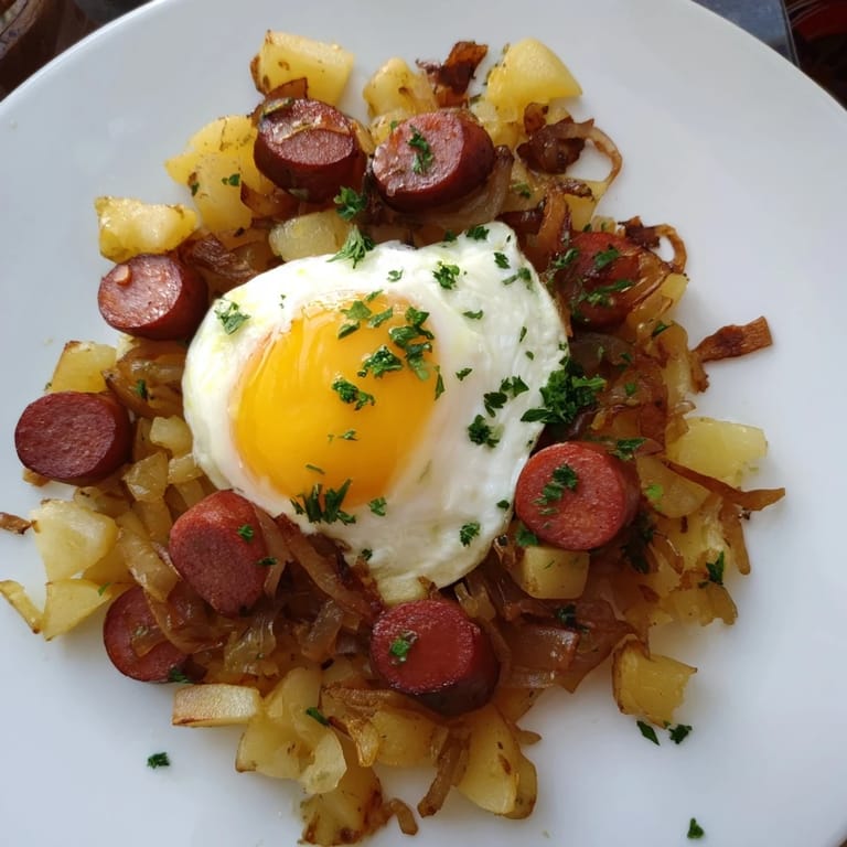 A sizzling skillet of Egg & Potato Hash with hot dogs bursting with savory flavors perfect for breakfast.