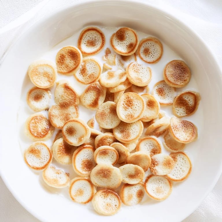 Miniature pancake cereal: Fluffy, perfectly cooked golden bites, ready with fresh fruit and milk.