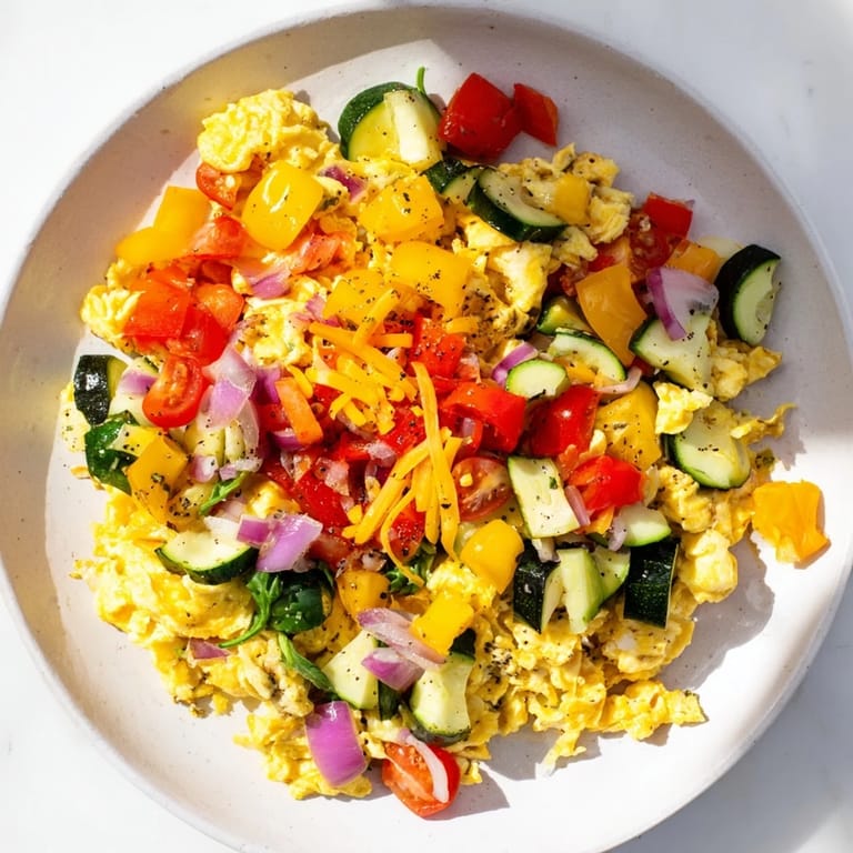 A colorful showcase of a cooked Egg & Veggie Sheet Pan Scramble, perfect for a hearty and nutritious breakfast.