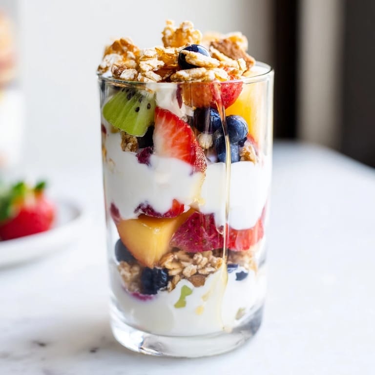 Healthy yogurt parfait, a beautiful blend of creamy yogurt, seasonal fruit, and granola layers.