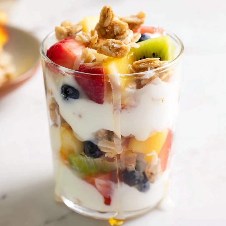 Freshly layered yogurt parfait featuring creamy yogurt, ripe fruit, and golden granola.