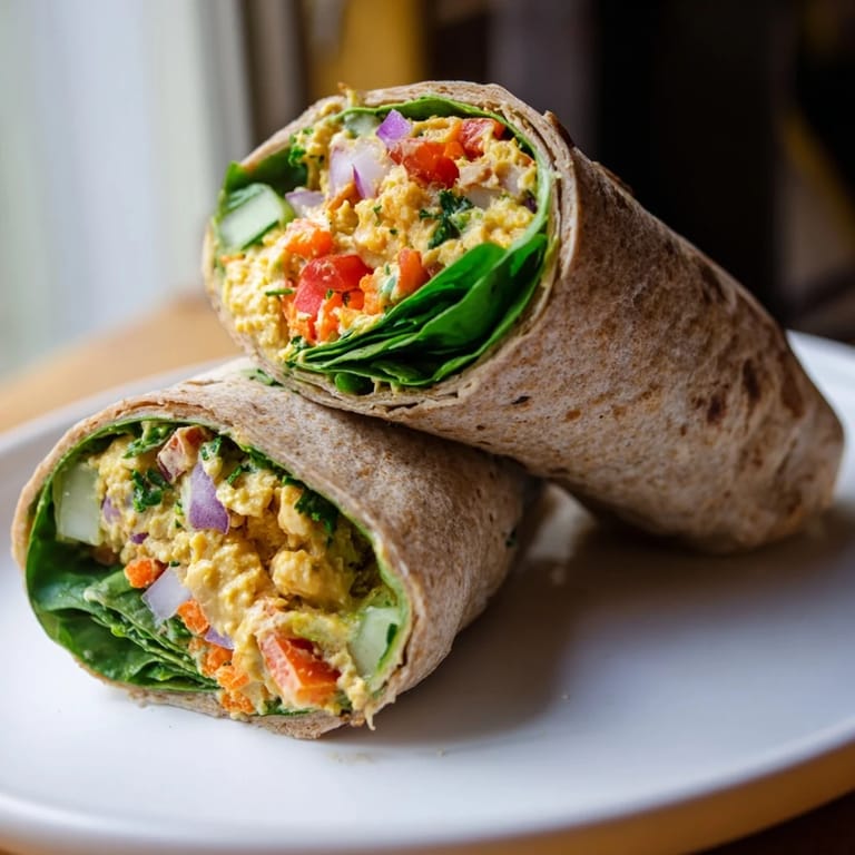 Mouthwatering image of a healthy chickpea salad wrap, ready to eat with a side of fresh greens.