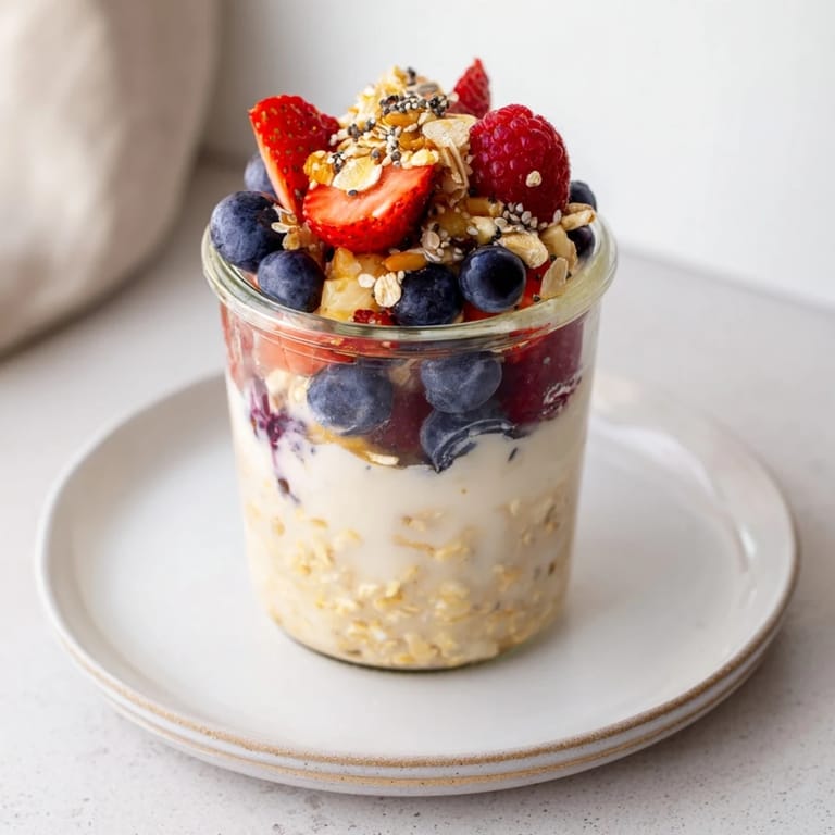 A jar of creamy overnight oats, topped with sliced banana and peanut butter, a delightful breakfast.
