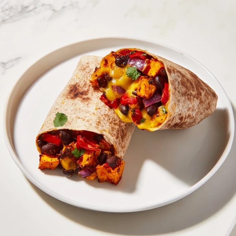 A close-up of a flavorful sweet potato and black bean breakfast burrito with fresh cilantro garnish.