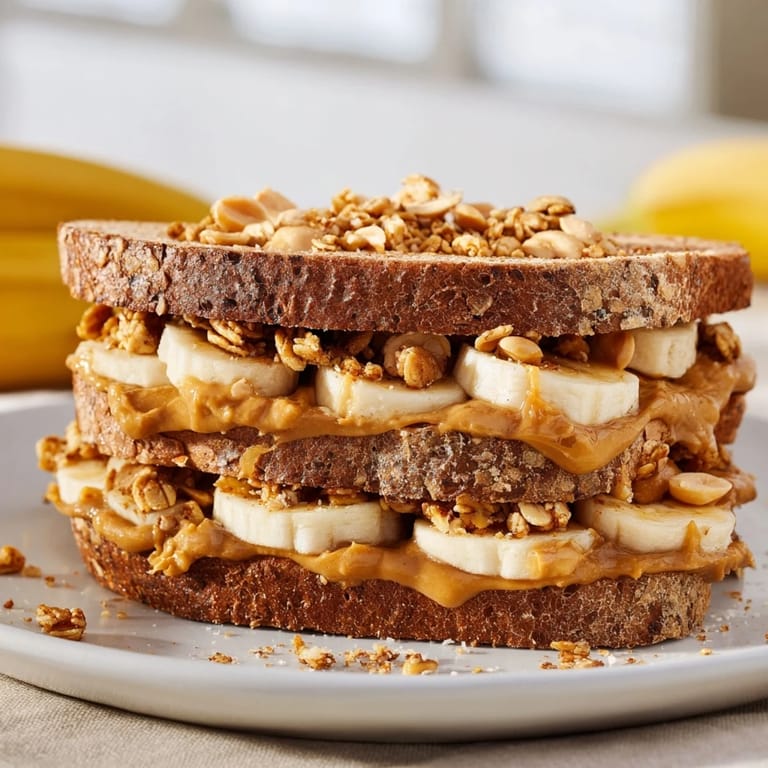 Perfectly prepared peanut butter & banana sandwich, featuring a satisfying crunch and sweet bananas.
